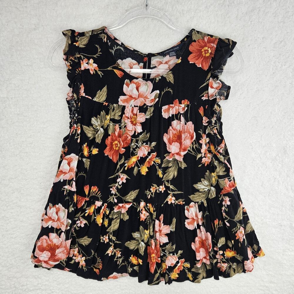 American Eagle Black Floral Ruffle Sleeveless Boho Babydoll Back Keyhole Med Top
